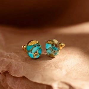 18k Gold Plated Oval Kupfer Türkis Ohrstecker, Edelstein Ohrring, Türkis Schmuck
