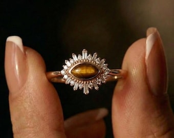 Anillo de ojo de tigre de plata 925 para mujer, piedra natural con circonitas engastadas, joyería de ojo de tigre