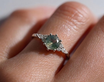 Anillo de ágata musgosa de plata 925, joyería con circonitas incrustadas y baño de oro de 18 quilates.
