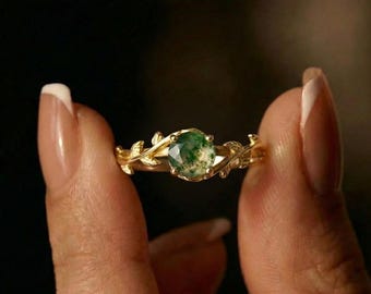 Anillo redondo de ágata musgosa de plata 925, joyería con piedras preciosas chapada en oro de 18k