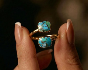 18k Gold Double Copper Turquoise Adjustable Ring, Natural Stone Rings for Women, Turquoise Jewelry