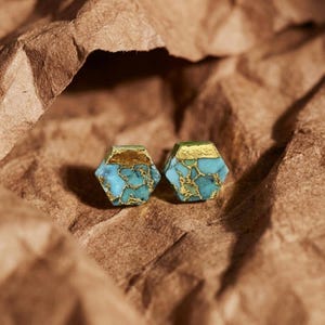 18k Gold Hexagon Copper Turquoise Stud Earrings, Natural Stone Turquoise Jewelry