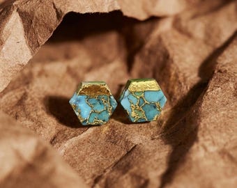 Aretes hexagonales de cobre y turquesa en oro de 18 quilates, joyería de turquesa de piedra natural