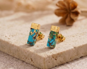 Pendientes rectangulares de cobre con turquesa para mujer, pendientes geométricos de oro de 18k con piedras preciosas, pendientes de turquesa, regalo de cumpleaños
