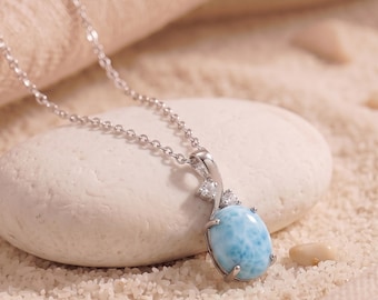 Collar minimalista con colgante de larimar en plata 925, collar de larimar, collar con piedras preciosas engastadas con diamantes, collar para mujer de plata 925, regalo de aniversario
