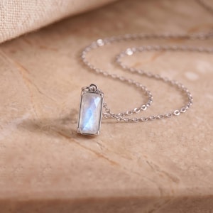 Silver Rectangular Moonstone Pendant Necklace, Natural Moonstone Necklace for Women, Moonstone Jewelry