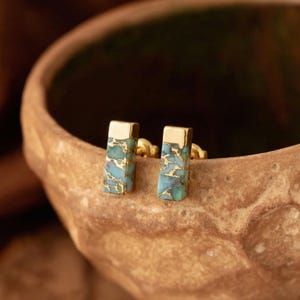 18k Gold Plated Rectangular Copper Turquoise Stud Earrings, Geometric Gemstone Jewelry, Turquoise Earring