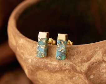 Brincos retangulares de cobre banhados a ouro 18k com turquesa, joias geométricas com pedras preciosas, brincos de turquesa.