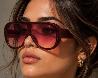 Retro Oversized Pilot Sunglasses Women Fashion Luxury Big Frame One Piece Gradient Sand Shades Classic Thick Frame