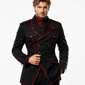 Men’s Gothic Military Jacket: Black & Red Steampunk Coat