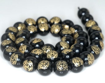 Carved black agate dragon round spacer loose beads 15.5 10mm 12mm 14mm