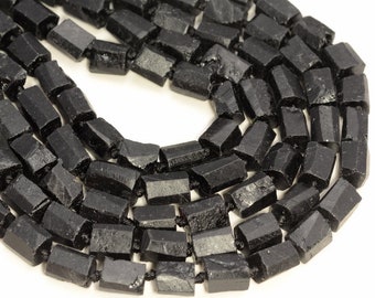 Genuine Natural Rough Black Tourmaline Gemstone Grade AAA 9x5-11x6MM Faceted Round Tube Loose Beads (A237)