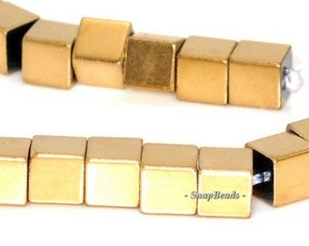 4mm Gold Hematite Gemstone Gold Perfect Square Cube 4x4mm Loose Beads 15.5 inch Full Strand (90145578-148A)