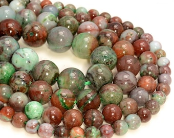 May include: A strand of round, green, brown, and red agate beads. The beads have a mottled, marbled appearance.