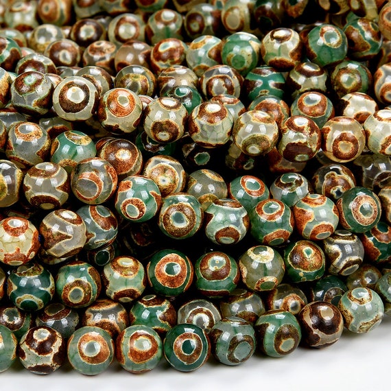 Green Tibetan Dzi Agate Etched Eye Mala Antique Boho Beads