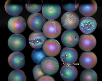 Matte 14mm Titanium Rainbow Pixie Dust Druzy Gemstone Rainbow Round Loose Beads 15.5 inch Full Strand (90147361-447)