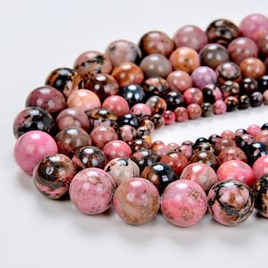 10 Strands 8mm Haitian Flower Rhodonite Gemstone Pink Black Round Loose Beads 15 inch Full Strand BULK LOT (80002570-805 x10)