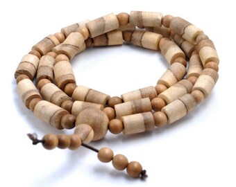 108PCS Natural Yellow Aromatic kalimantan Wood Grade AAA 8x13-8x15MM Prayer Buddha Mala Meditation Beads Round Tube Beads (80002514-W1)