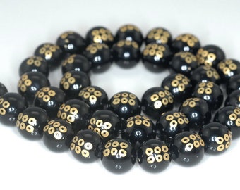 10mm 22k Gold Carved Black Agate Gemstone Round Loose Beads 15.5 inch Full Strand (90187303-723B)