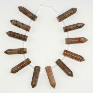 31x8mm Unakite Gemstone Light Point Healing Chakra Hexagonal Point Focal Bead Full Strand 12 Beads (90183769A-368)
