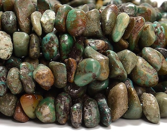 May include: A strand of turquoise gemstone beads, featuring a mix of green and brown hues. The beads are irregularly shaped and have a natural, rough texture.