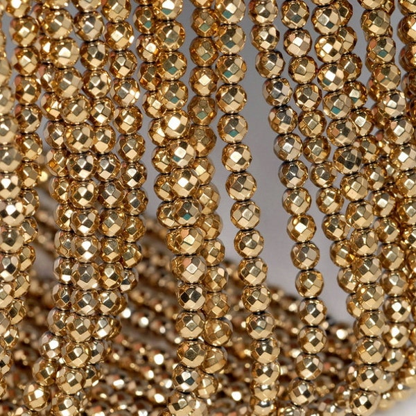 4mm 18K Gold Hematite Gemstone Gold Faceted Round Loose Beads 15.5 inch Full Strand (80002970-396)