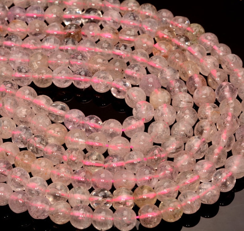 80005398-464 7-8mm Genuine Pink Gemmy Kunzite Gemstone Grade AA Transparent Pink Nugget Round Loose Beads 16 inch Full Strand
