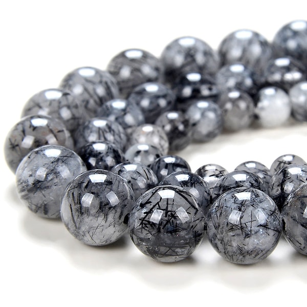 Natural Black Tourmaline Rutilated Quartz Black White Gemstone Grade AA Round 5MM 6MM 7MM 8MM Loose Beads (D165)