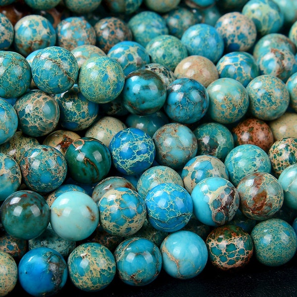 Turquoise Sea Sediment Imperial Jasper Gemstone Blue 4mm 6mm 8mm 10mm Round Loose Beads Full Strand BULK LOT 1,2,6,12 and 50