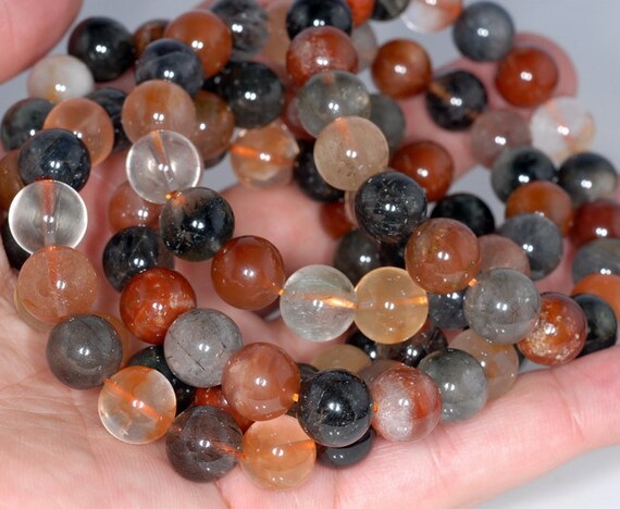 9-10MM BLACK RUTILATED QUARTZ GEMSTONE GRADE AAA ROUND 9-10MM LOOSE BEADS 7/"