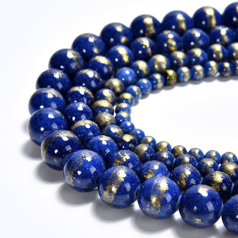 Parure De Perles Bleues Moyennes Avec Métal Doré - Garanti Sans Nickel, Neuve Avec étiquettes
