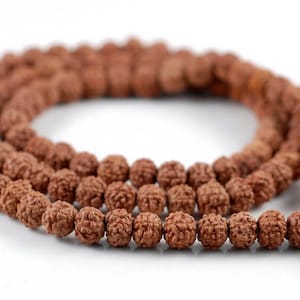 May include: A brown mala bead necklace made of Rudraksha seeds. The necklace is made of 108 beads and is strung on a thin cord.