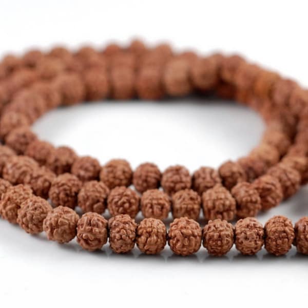 6mm Natural Rudraksha Bodhi Seed Gemstone Rare Mala Prayer Red Brown Round Loose Beads 23 inch 108 Beads (90182472-393)