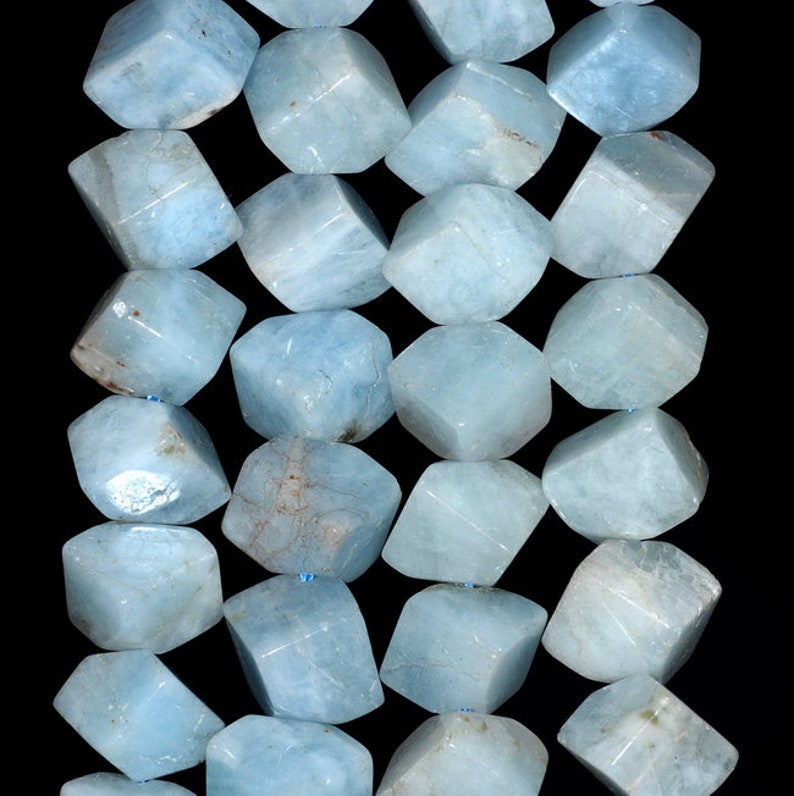 80001527-A99 10X9-9X8MM Aquamarine Gemstone Grade A Diagonal-Drill Square Cube Loose Beads 15.5 inch Full Strand