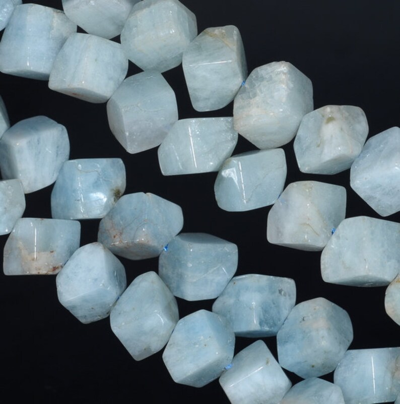 80001527-A99 10X9-9X8MM Aquamarine Gemstone Grade A Diagonal-Drill Square Cube Loose Beads 15.5 inch Full Strand