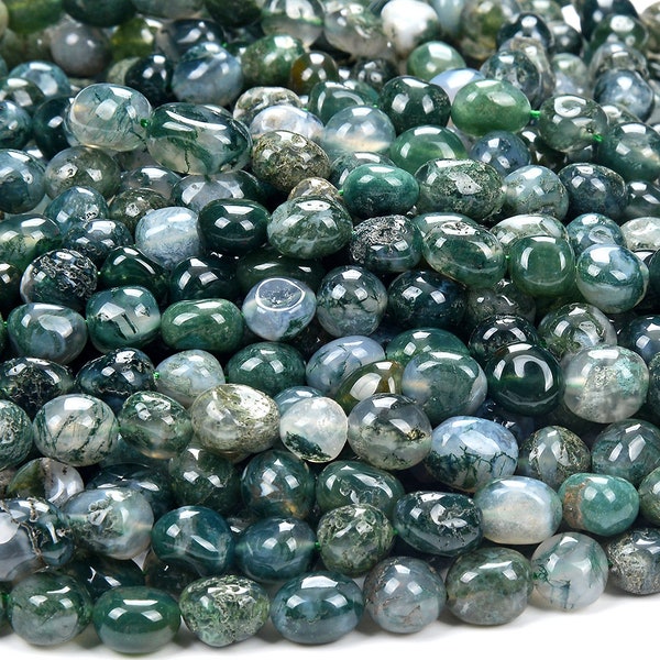 Natural Green Moss Agate Gemstone 8-10MM Pebble Nugget Loose Beads (D468)