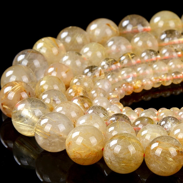 Natural Golden Rutilated Quartz Gemstone Grade AA Round 4MM 5MM 6MM 7MM 8MM 9MM 10MM 11MM 12MM 13MM Loose Beads (D256 D257)