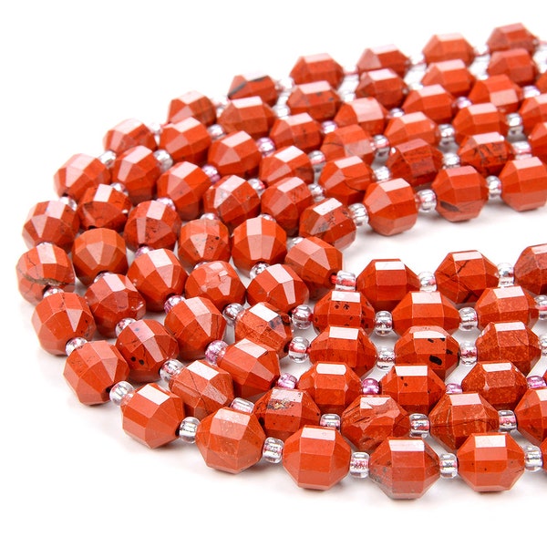 8MM Natural Red Jasper Gemstone Grade AAA Faceted Prism Double Point Cut Loose Beads (D28)