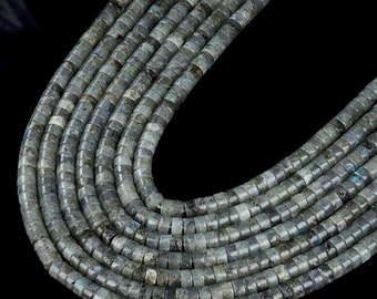 10 Perles En Pierre Labradorite Rondelles Heishi 4-5 Mm - Gris à Reflets Bleus/verts - Pour Création Bijoux