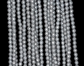 3mm Matte Silver Hematite Gemstone Frosted Silver Faceted Round Loose Beads 15.5 inch Full Strand (90182686-397)