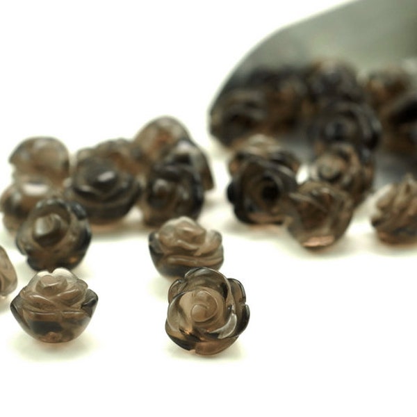 12MM  Smoky Quartz Gemstone Carved Rose Flower Beads BULK LOT 5,10,20,30,50 (90187261-002)