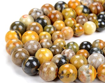 Mustard Yellow Natural Bumblebee Jasper Gemstone Grade AAA Round 7MM 8MM 9MM 10MM 11MM 12MM 13MM 14MM Loose Beads (A291 D495)