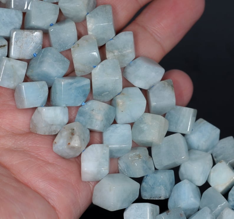 80001527-A99 10X9-9X8MM Aquamarine Gemstone Grade A Diagonal-Drill Square Cube Loose Beads 15.5 inch Full Strand