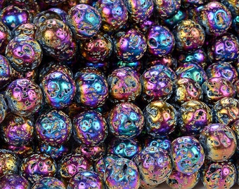 Rainbow Plated Lava Gemstone Grade AAA 6mm 8mm 10mm Round Loose Beads 14.5 Inch Full Strand (A227)