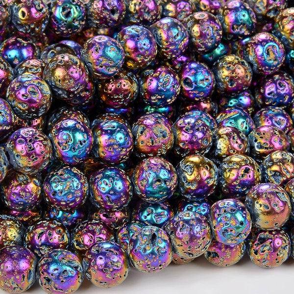 Rainbow Plated Lava Gemstone Grade AAA 6mm 8mm 10mm Round Loose Beads 14.5 Inch Full Strand (A227)