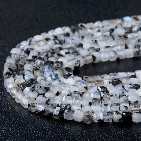 3MM Rainbow Moonstone With Black Tourmaline Inclusions Gemstone Grade A Micro Faceted Diamond Cut Cube Loose Beads (P43)