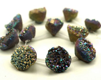 Titanium Rainbow Druzy Agate Gemstone Diamond 28x16-18x13MM Loose Beads 11 Beads (90189141-B47)