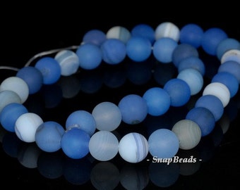 10mm Blue Agate Gemstone Blue Striped Matte Frosted Round