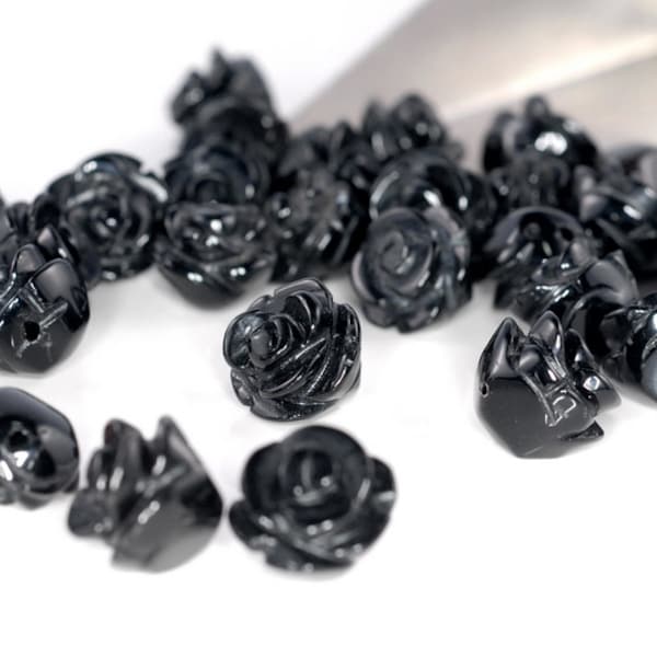 8MM Black Onyx Gemstone Carved Rose Flower Beads  BULK LOT 5,10,20,30,50 (90187266-002)