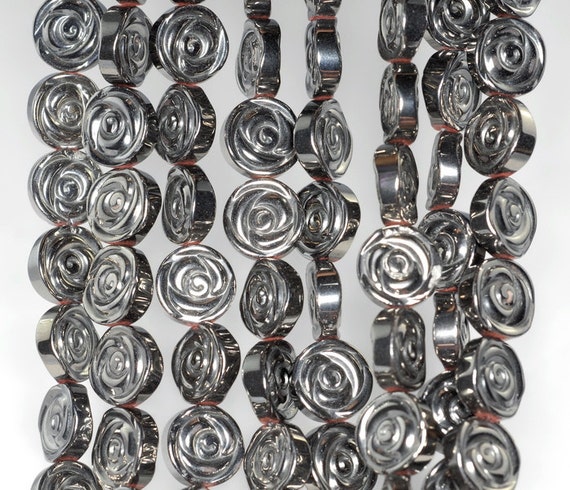 12mm Grey Hematite Gemstone Rose Flower Carved Loose Beads 16 Inch